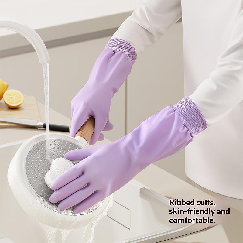 1 Pair Waterproof Dishwashing Gloves Tear-resistant Warm Fleece Cleaning Gloves Thickened Threaded Sleeve Cuff Laundry Gloves