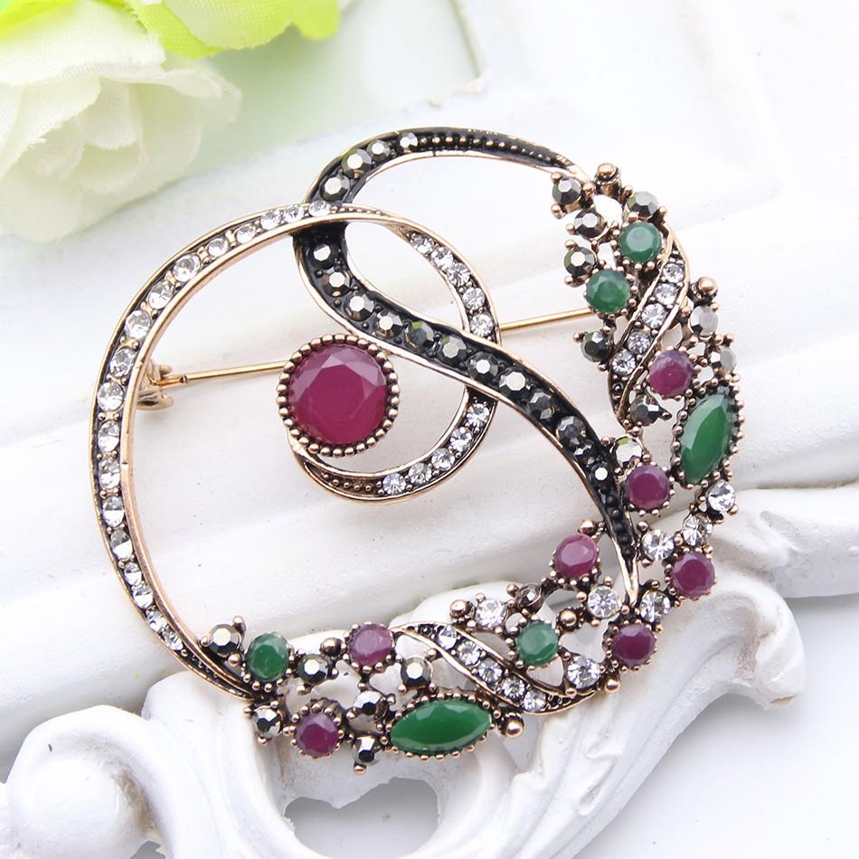 New Women's Floral Rattan Brooch Antique Gold Multi-color Resin Floral Brooch Ladies Royal Jewelry