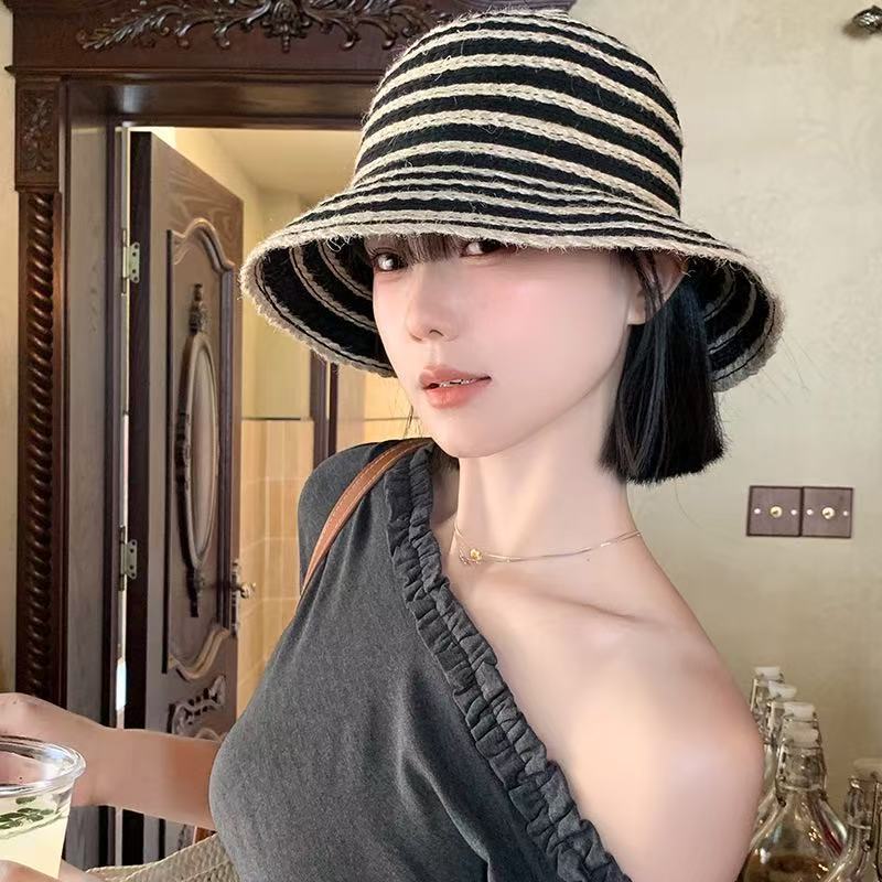 Hemp rope straw striped bucket hat women's summer casual versatile sunscreen basin hat outdoor sun hat straw hat big brim