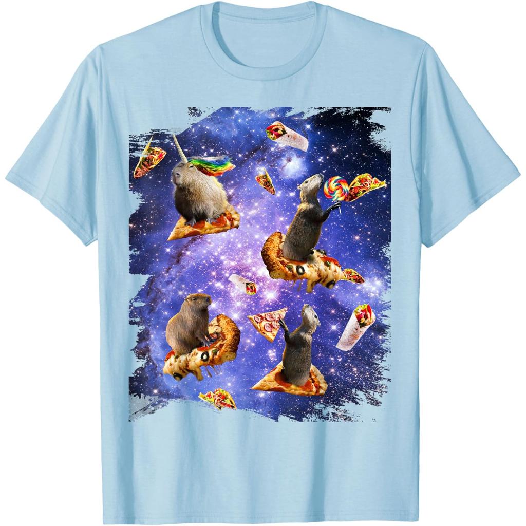 Funny Galaxy Capybara Riding Pizza Graphic Tee Casual Crew Neck Tshirt For Men