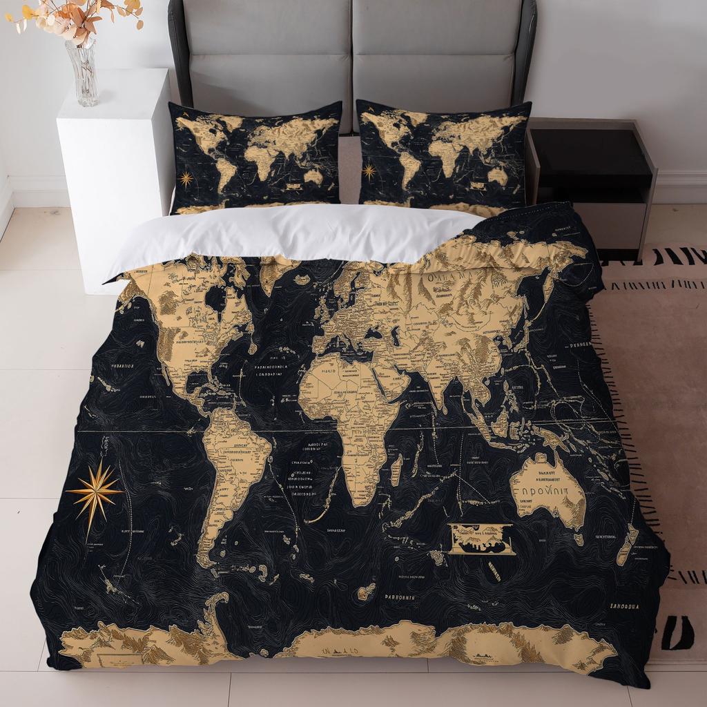 3Pcs Vintage World Map Duvet Cover Set, Black Golden Compass Print Bedding with Pillowcases for Bedroom Decor