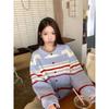 Polo collar button contrasting stripes lazy loose knitted cardigan women's autumn and winter sweater button top jacket
