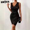Sexy Bag Hip Fashion V-neck Casual Color Matching Buttons Solid Color Metallic Color Pleated Sheath Dress