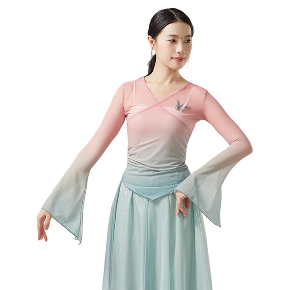 Chinese Hanfu Saree Blouse Gradient Dance Mesh Top Fashion Performance Training Costumes  Women
