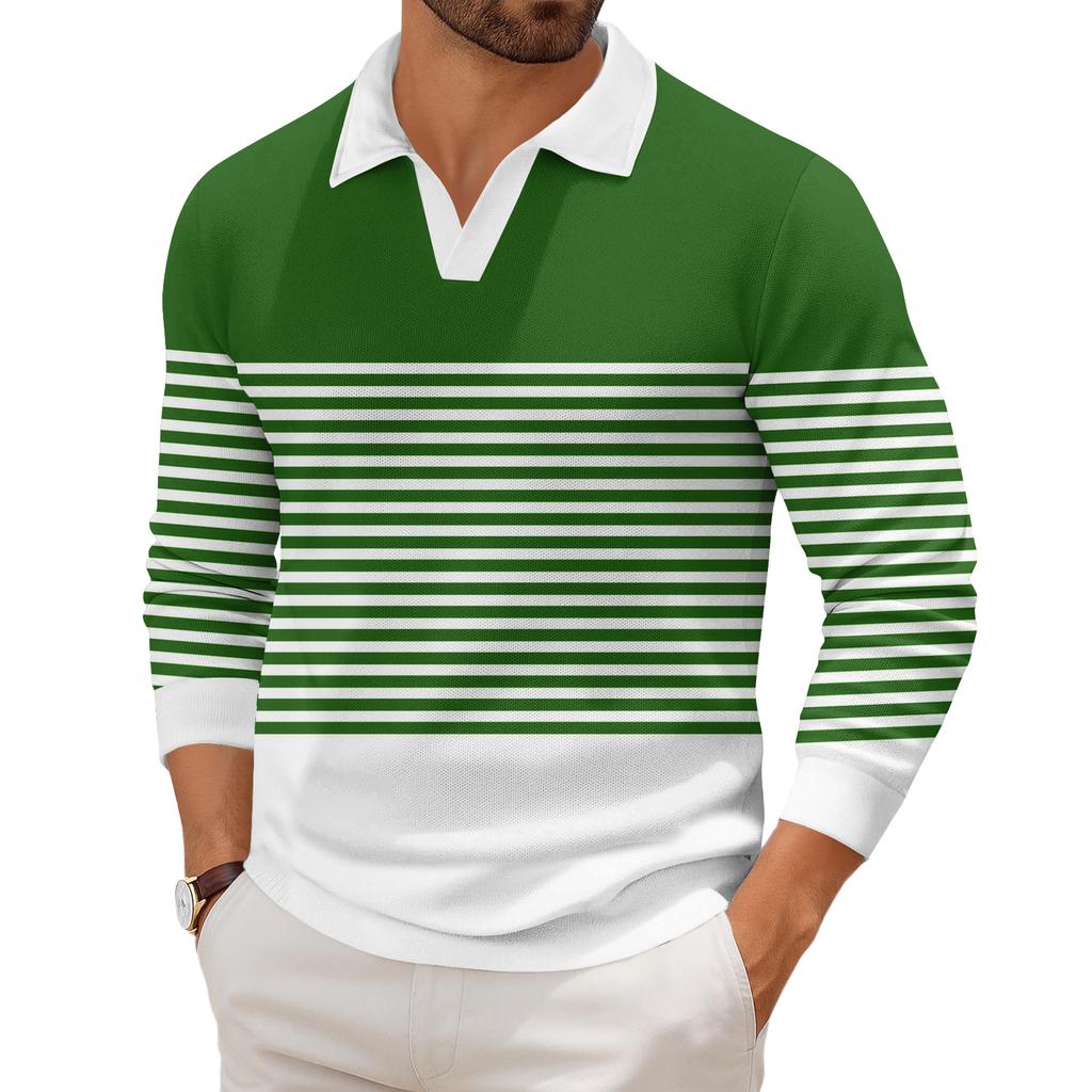 Men's Casual Fashion Printed Lapel Long-sleeved Knitted Bottoming Shirt Top