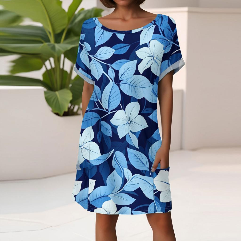 Women's Fashion Short Sleeve Dress With Pockets Floral Print Casual Beach Dress