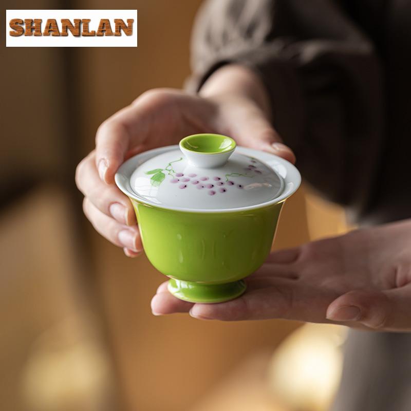 100ml Grass Green Hand-painted Grape Gaiwan Retro Tea Tureen Tea Bowl With Lid Kit Tea Maker Cover Bowl Tableware Ornaments Gift