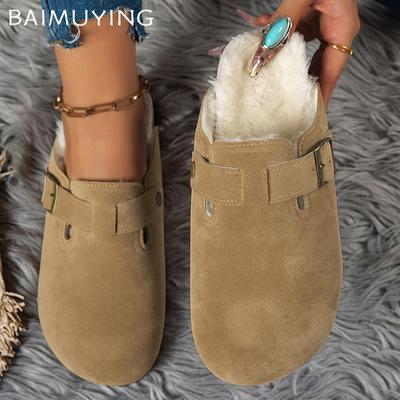Замшевые женские туфли на плоской подошве из хлопка, короткие плюшевые дизайнерские повседневные мюли с пряжкой, тренд 2025 года, зимние теплые зимние туфли для ходьбы, женские туфли