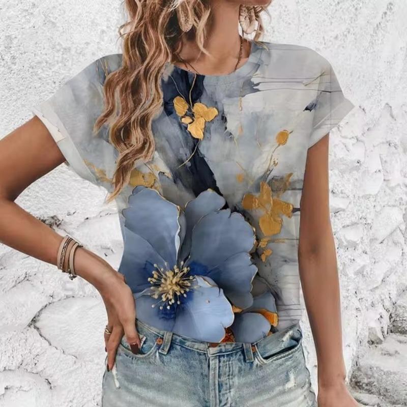 Элегантная женская футболка с художественным цветочным узором, модная футболка с 3D-печатью, популярная женская футболка с короткими рукавами Ummer Leisure