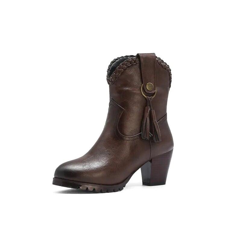 Retro Round Toe Chunky High Heels Brown Womens Boots With Tassel Extra Plus Size 46 47 47 Luxury Woman Shoes Ankle Boots