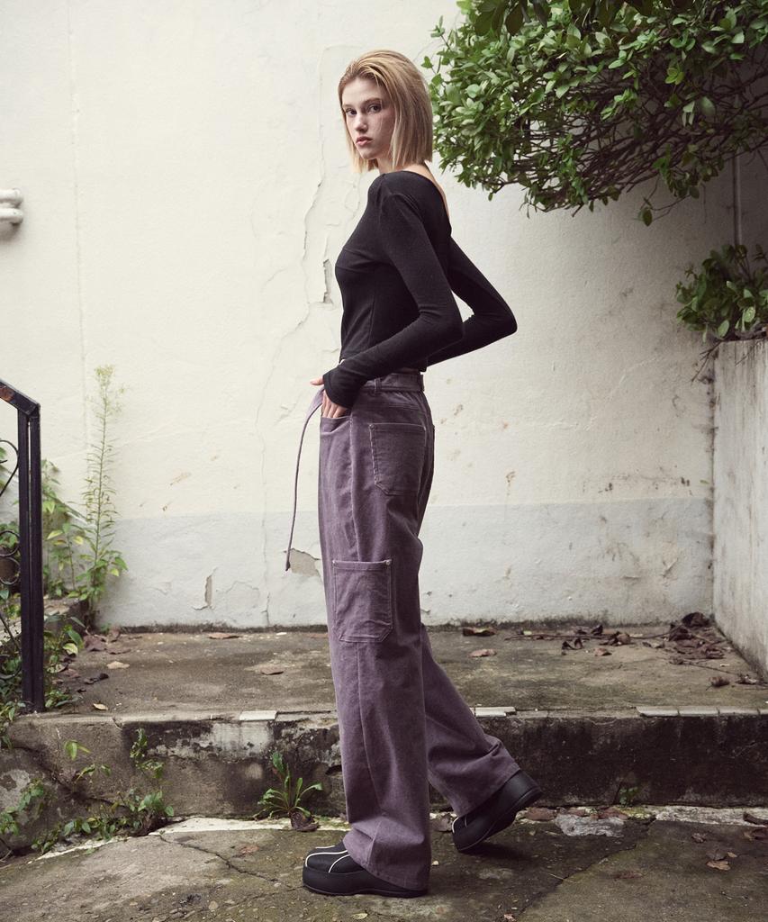 ETMON Waist Belt Corduroy Pants, Purple