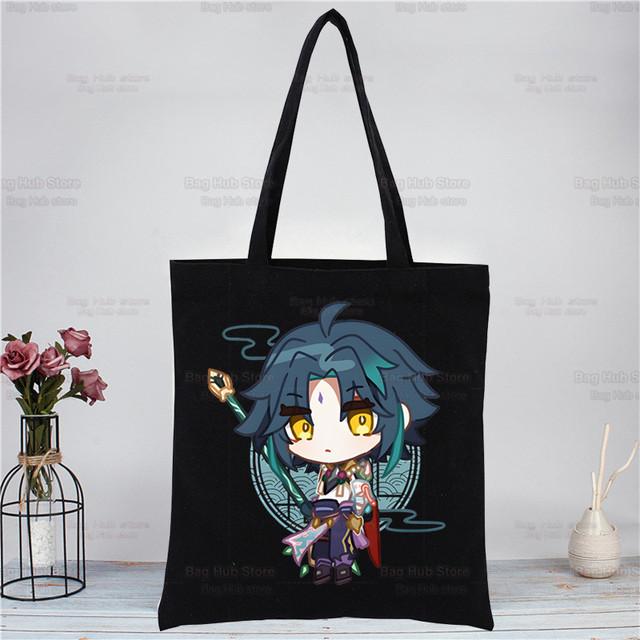 Genshin Impact Xiao аниме-игровые сумки, тканевая холщовая большая сумка, черная сумка для покупок, путешествий, женские эко-многоразовые сумки на плечо для покупок