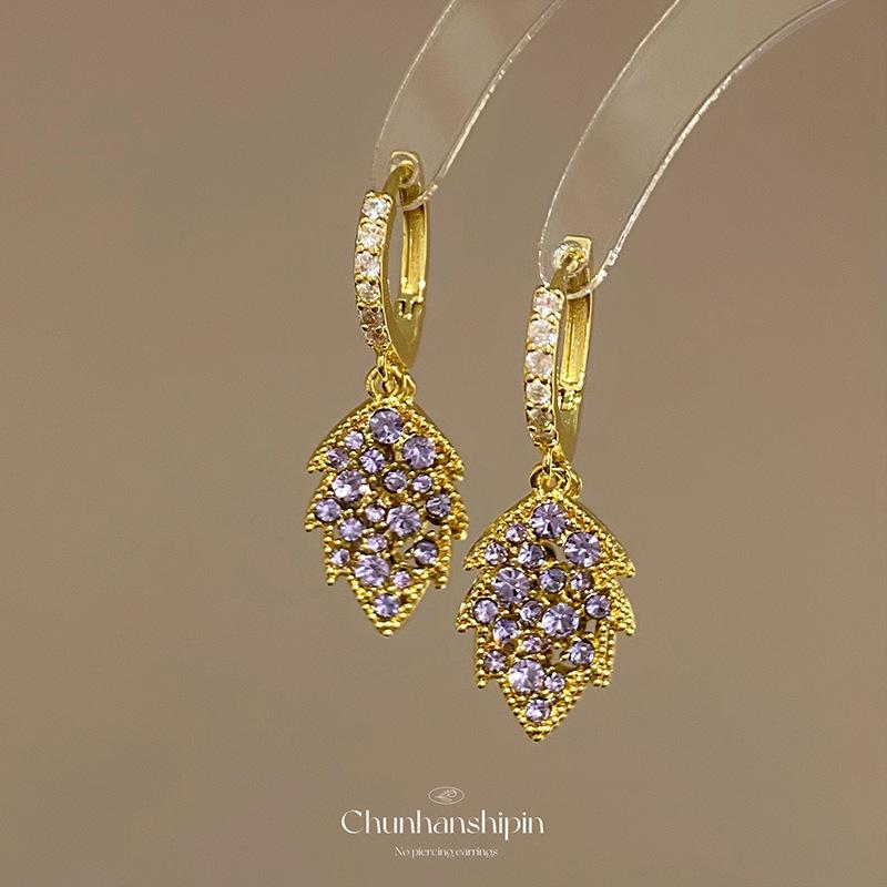 Super fairy purple diamond leaves ear buckle women's fashion temperament earrings advanced sense no ear piercing ear clips exquisite and versatile