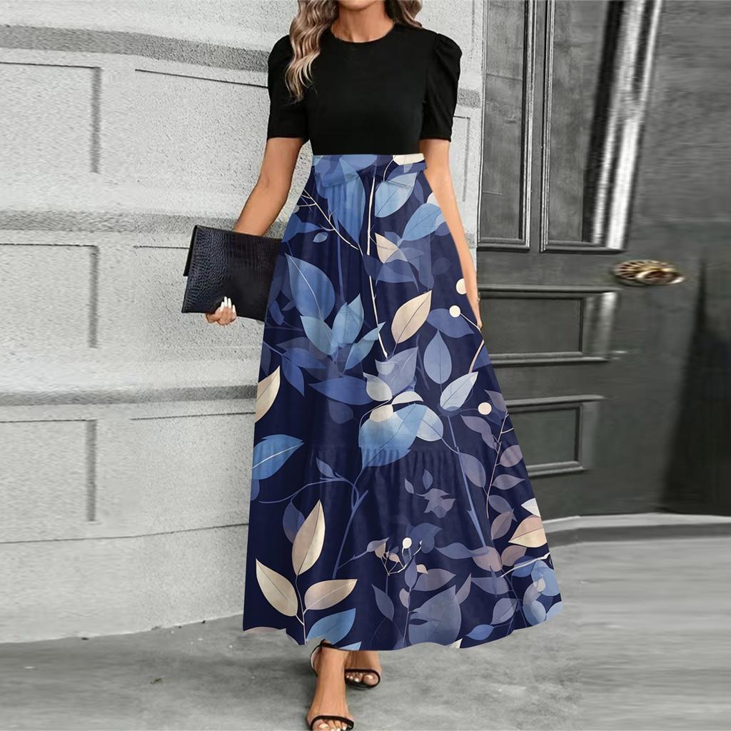 Женское модное повседневное платье с поясом, коротким рукавом, круглым вырезом и принтом, элегантное и темпераментное