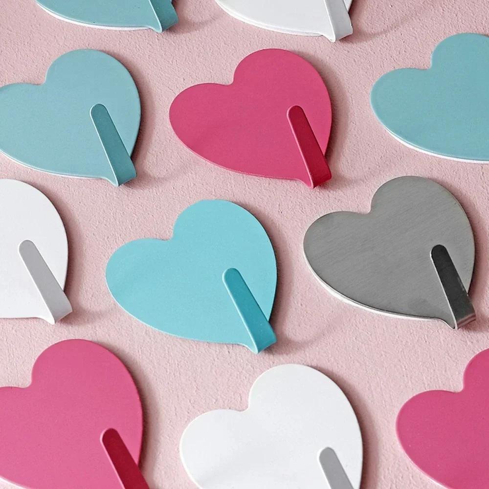 Cute Heart Shape Hooks Self Adhesive Hooks Stainless Steel Strong Sticky Wall Door Hang Bathroom Storage Organizer Holder