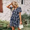 Spring Summer Fashion Women V Neck Short Sleeve Loose Chic Floral Printed Dress
