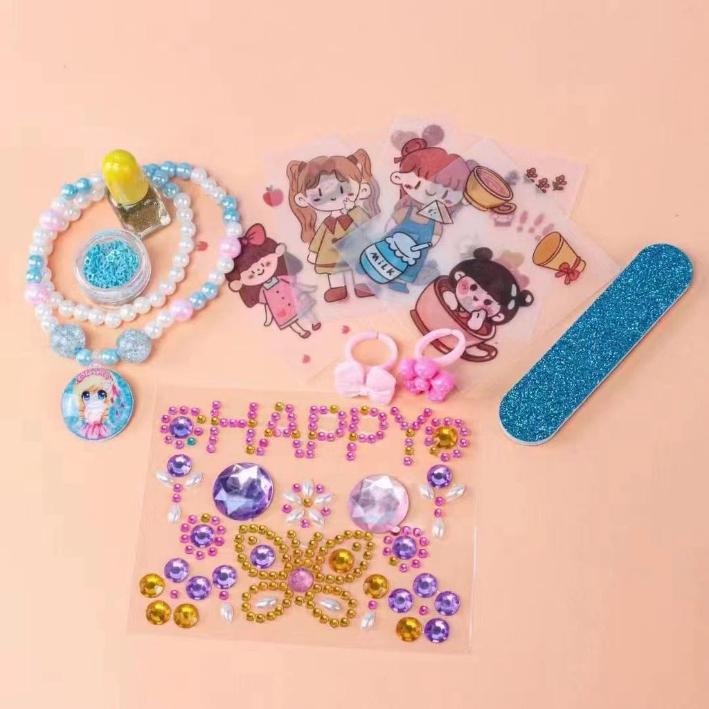 Kids Stickers Nail Polish Makeup Kit Girls Princess Dress Up Stickers Necklace Ring Set Children'S Play House Toys Gifts