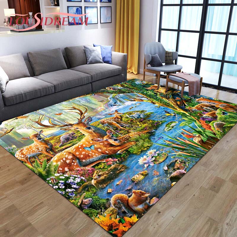 3D мультяшный ковер с оленем, дикая природа, горный пейзаж с лесным ковром для дома, гостиной, ковер с лосем для стирки, детские игровые ковры