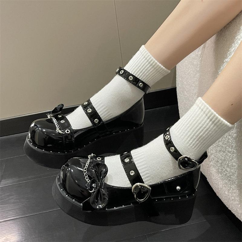 Fashion Gothic Metal Chain Lolita Shoes Platform Mary Janes Shoes for Women Round Head Thick Heel Ankle Straps Punk Pumps Cosplay Shoes