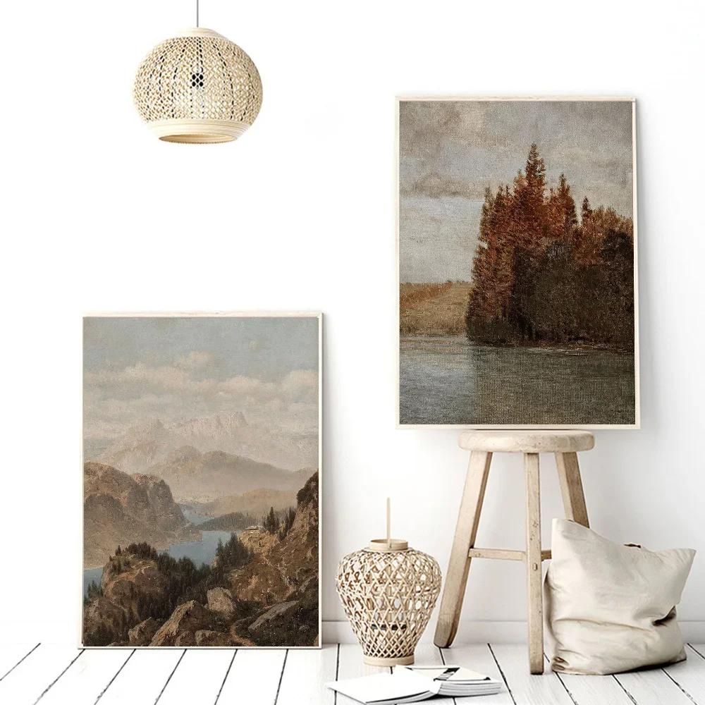 Vintage Rustic Country Horse Mountain Forest Lakescape Art Posters Canvas Painting Wall Prints Pictures for Farmhouse Home Decor