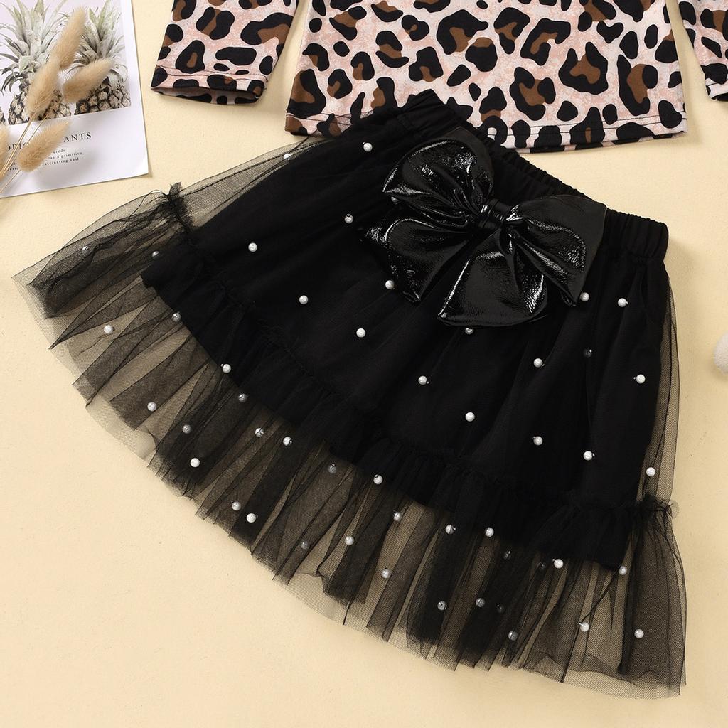Toddler Kids Baby Girls Leopard Print T Shirt Bow Tulle Skirt Outfits Set