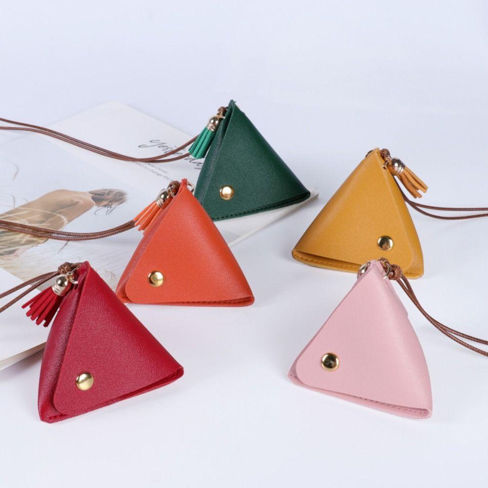 New Triangular Leather Coin Purse Portable Solid Color Storage Bag Access Control Card Snap Button Wallet