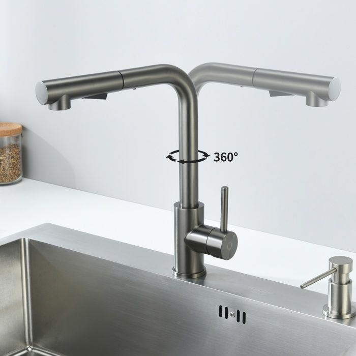 Mitigeur de cuisine extensible avec 2 types de jet, robinet d'évier,pivotant à 360°, gris