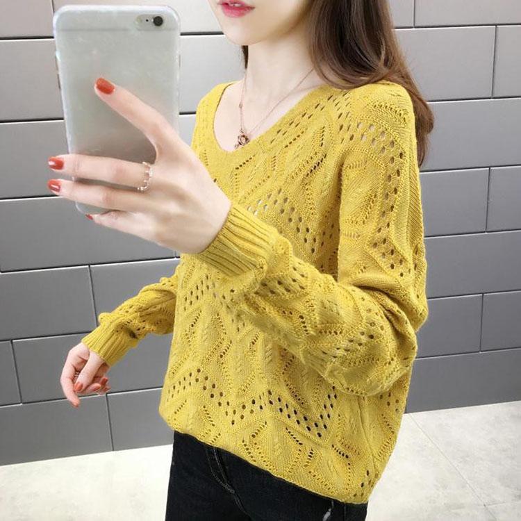 Hollow Knitted Sweater Women's Pullover Spring and Autumn V-neck Blouse Loose Outer Sweater Bottoming Shirt