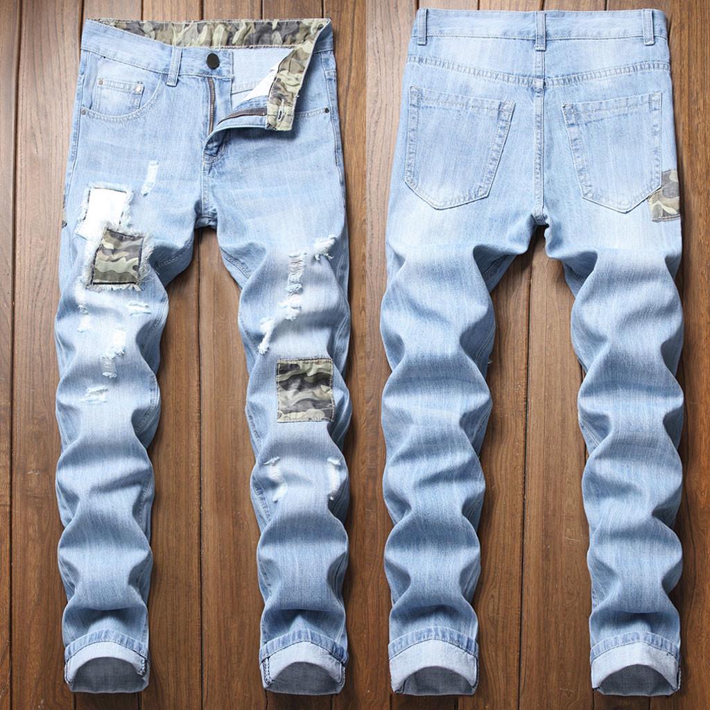Мужские новые модные рваные облегающие брюки из эластичного денима на молнии