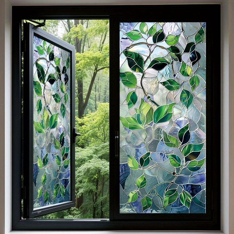 Стеклянное окно с зелеными листьями Европейский ретро-стиль - Съемная наклейка - ПВХ наклейки для гостиной и двери ванной комнаты 1 штука