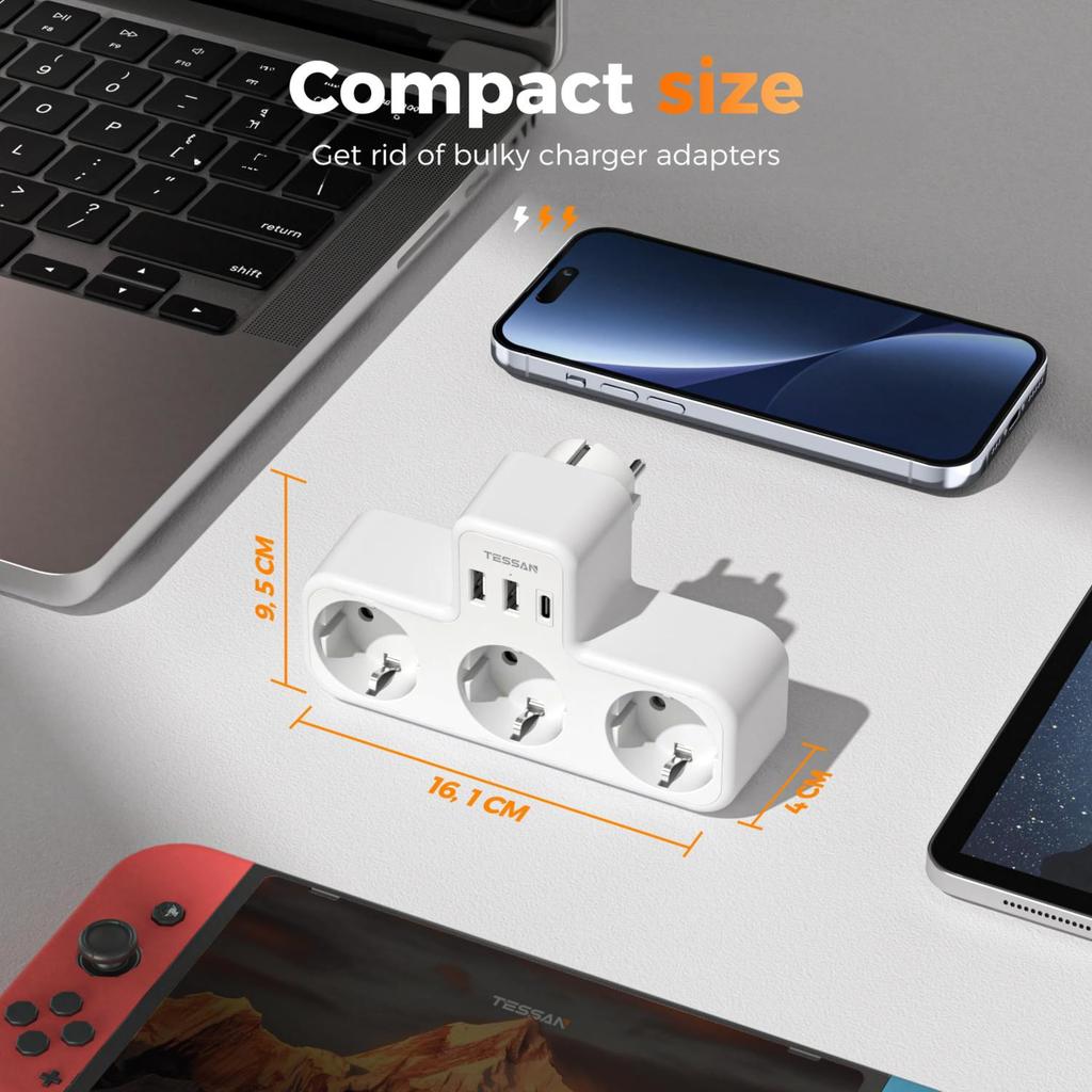Tessan Многофункциональная настенная розетка с 2 портами USB C и 1 портом USB A, USB-адаптер 6 в 1 с защитой от перегрузки для смартфона, планшета
