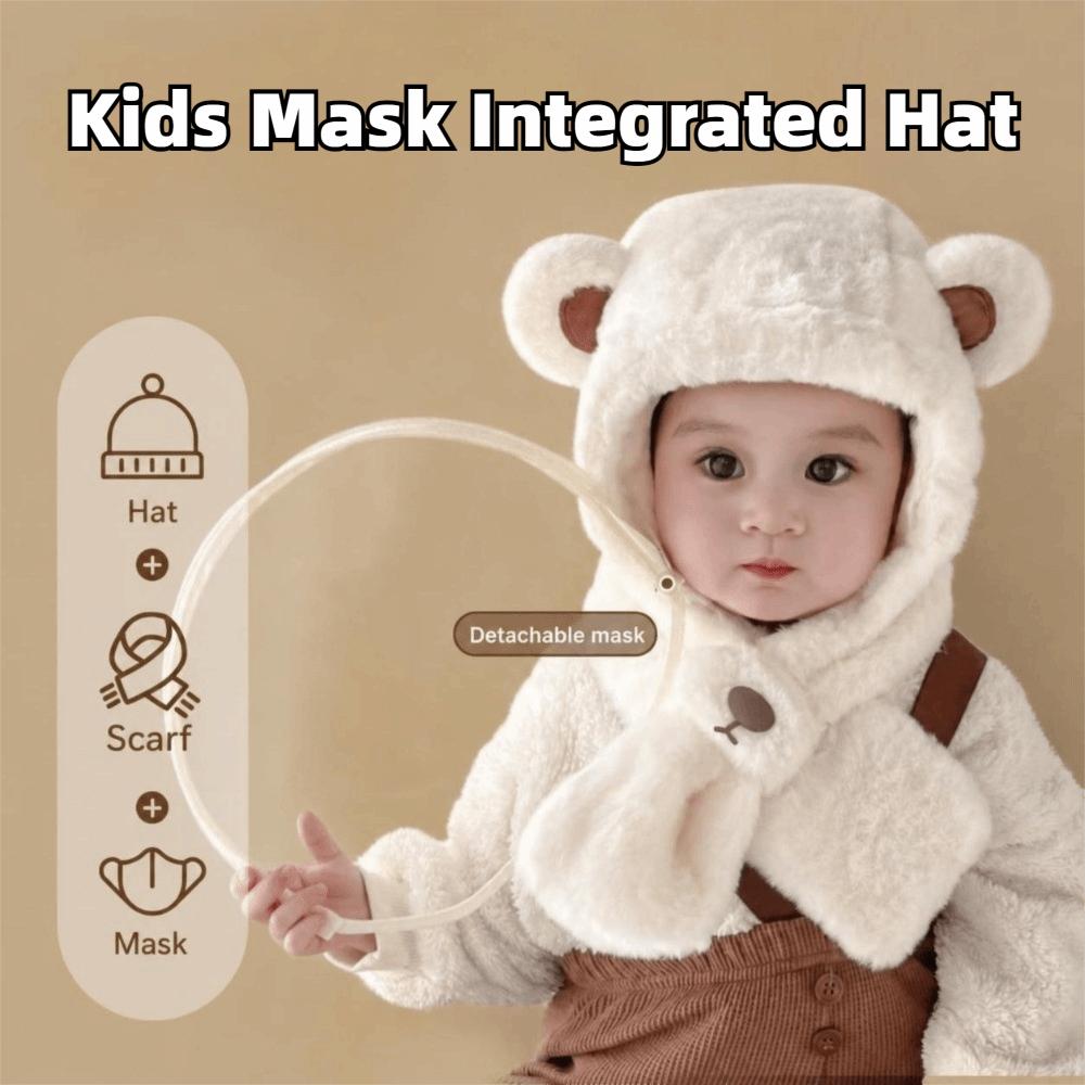 Windproof Mask Integrated Hat Cartoon Bear Plush Fleece Hat Cozy Kids Winter Hat