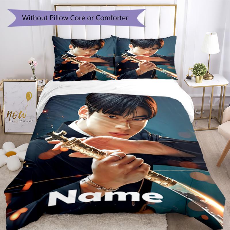 3pcs Custom Name Cha Eun woo Bedding Set Duvet Cover Closure Includes 1 Duvet Cover & 2 Pillowcases, Soft and Comfortable for All Seasons.