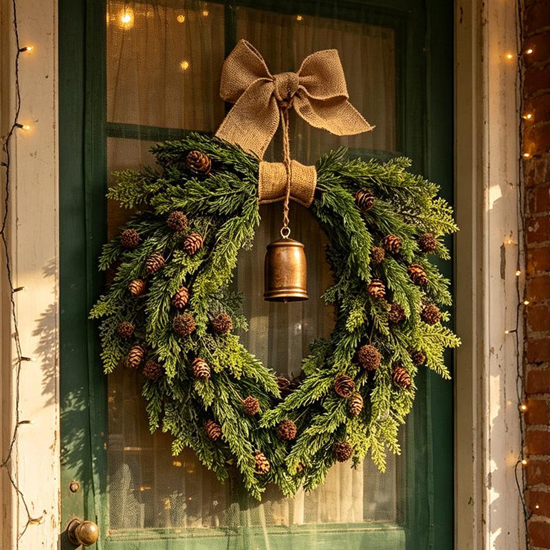 Cross-border Christmas Wreath with Linen Bow and Bells - Natural Materials Home Decoration