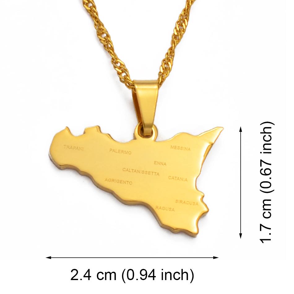 Anniyo Italy Sicily Map With City Name Pendant Necklaces,Silver Color/Gold Color Italian Sicilia Jewelry #038321