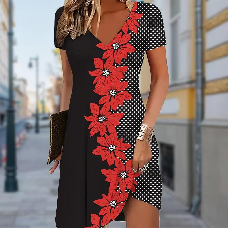 Summer Fashion Women's V Neck Short Sleeve Retro Pattern Printed Dress Sex Short Skirt Dresses