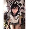 Kawaii Stripes Patchwork T Shirts Women Japanese Fashion Harajuku Cute Cartoon Print Zipper Hooded Loose Tees Tops 2024