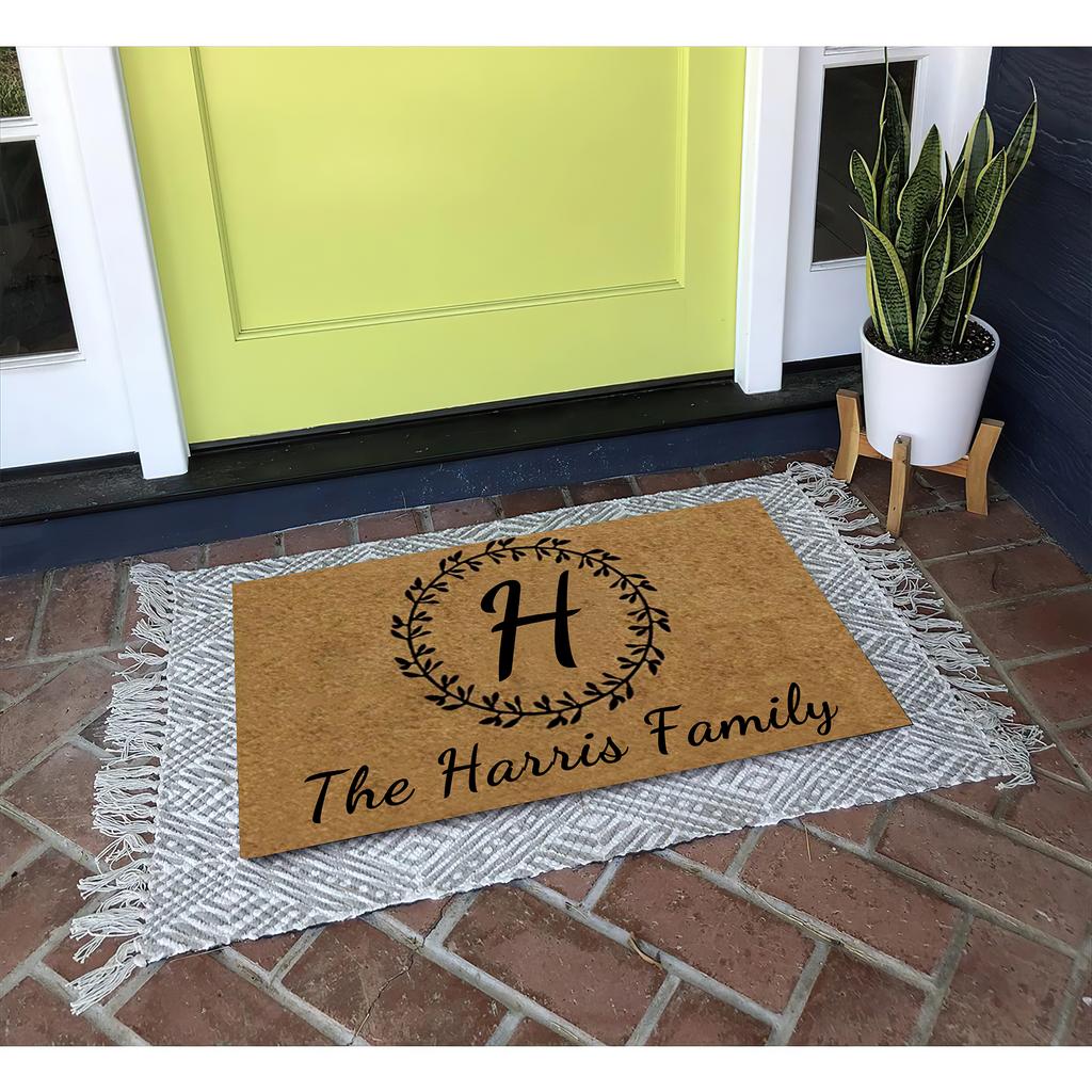 Family Name Doormat Initial Leaf Wreath Mat Non slip Rubber Backing Outdoor Entrance Floor Mat Decorative Rugs Welcome