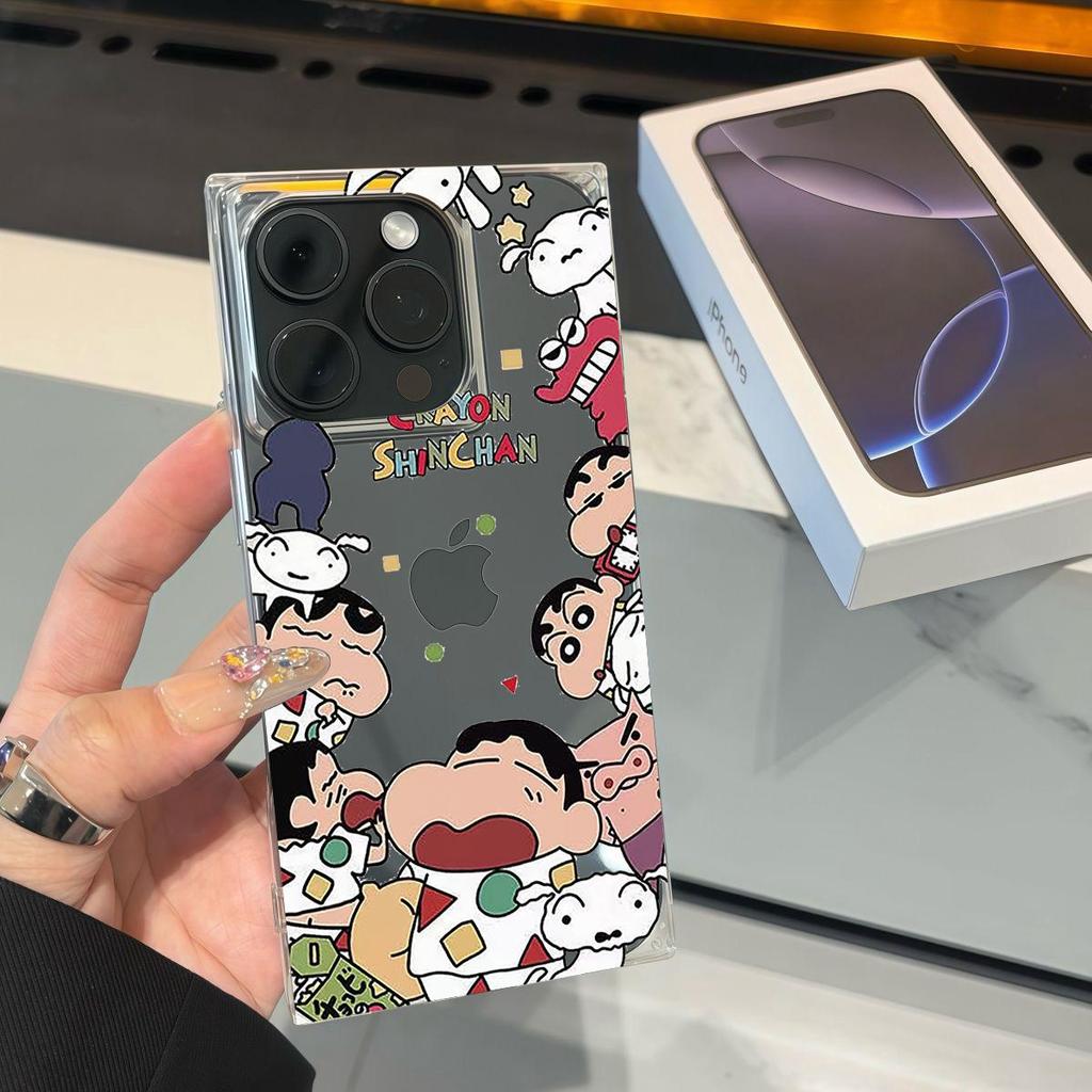 Square Back Tube Protection Clear Case For iPhone 15 Plus 14 Pro Max 16 ProMax 12 13 11 Anti-Oxygen,Cute Crayon Shin Chan Pattern Casing