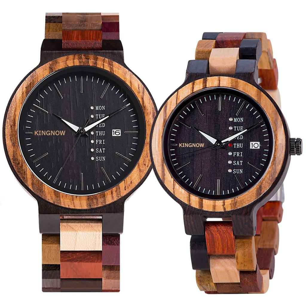 KINGNOW Couple's Watches, Lightweight Wooden Watches for Men and Women, Day-Date Display, Japanese-Made Quartz Movement, Unique Design
