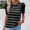 Женские модные повседневные летние блузки и рубашки с круглым вырезом и короткими рукавами в полоску с принтом