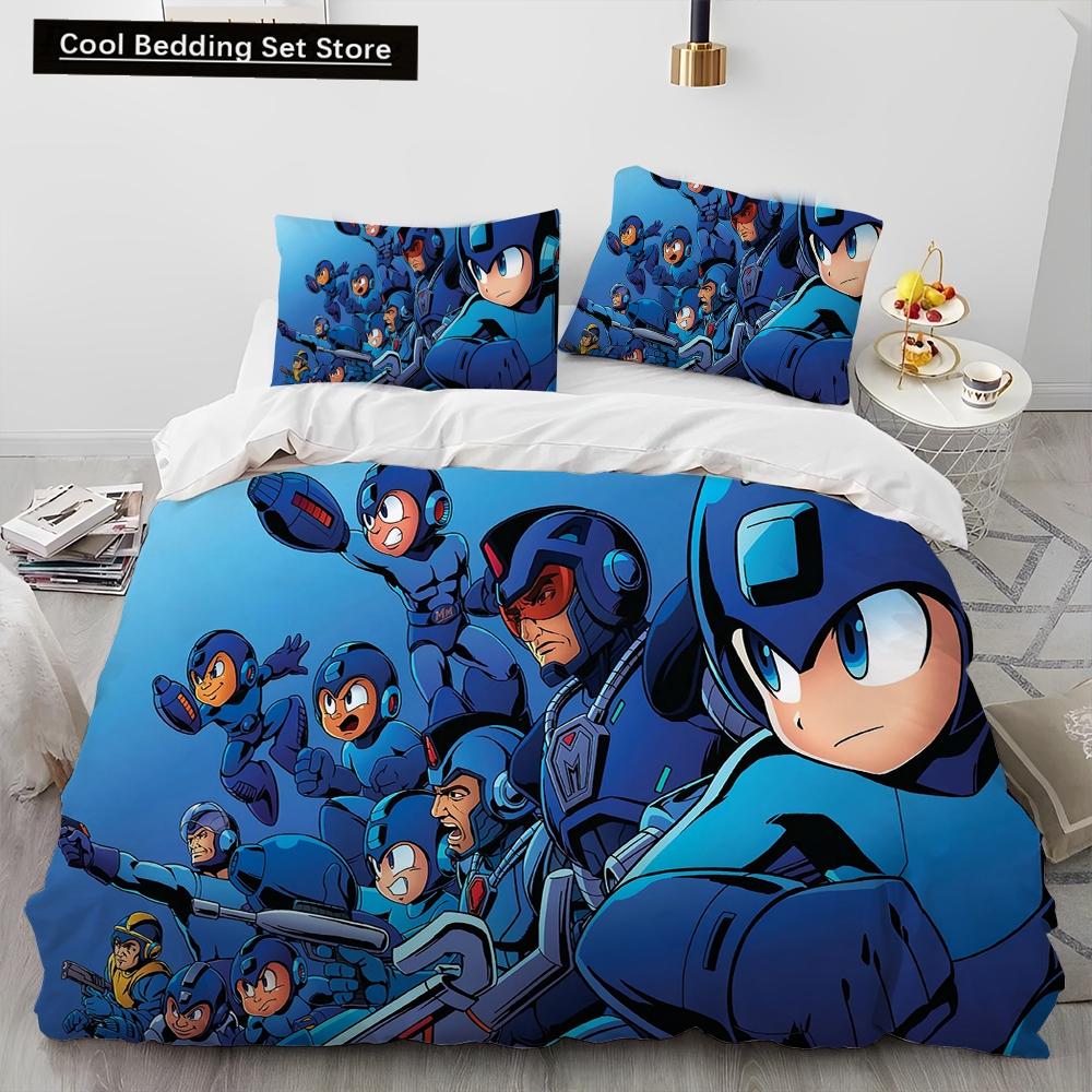3D Рокмен Мегамен Игра Мультяшный Комплект Постельного Белья Одеяло Пододеяльник Наволочка,Королевский Размер Квинсайз Детский