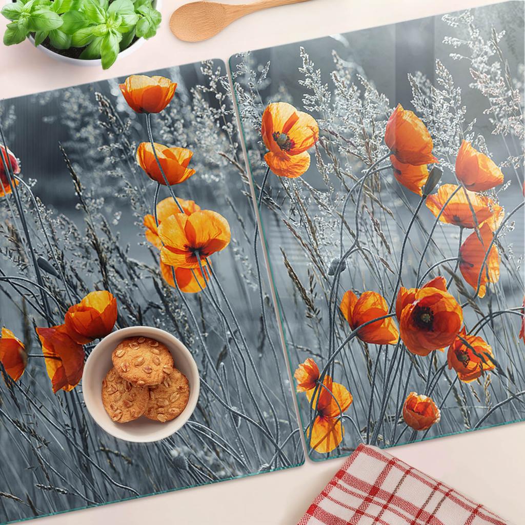 Two Decorative Tempered Glass Chopping Boards Poppy Field 2x40x52 cm