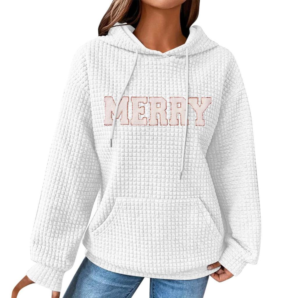 Women's Fashion Loose Hooded Pullover Long Sleeve Plaid Sweatshirt With Drawstring, Drop Shoulder, Pocket, Christmas Print Top