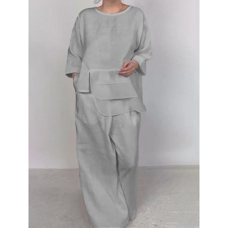 Женский весенне-летний однотонный свободный костюм для офиса, удобный свободный комплект из 2 предметов: футболка с круглым вырезом и брюки