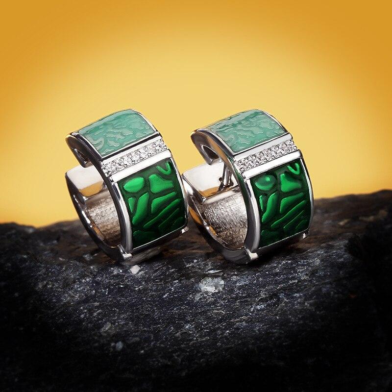 Exquisite Earrings for Women Genuine Green Square Sparkling CZ Stud Chic Fine Jewelry Handmade Enamel Bridal Jewelry