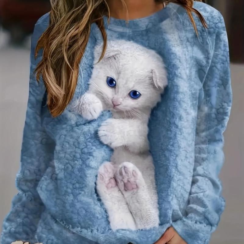 Женский свитер с круглым вырезом с милым котенком, осень 2023, новый женский топ, повседневный удобный свитер увеличенного размера