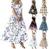 Женское летнее повседневное платье макси с цветочным принтом, короткими рукавами, круглым вырезом, высокой талией, многослойным струящимся бохо-платьем