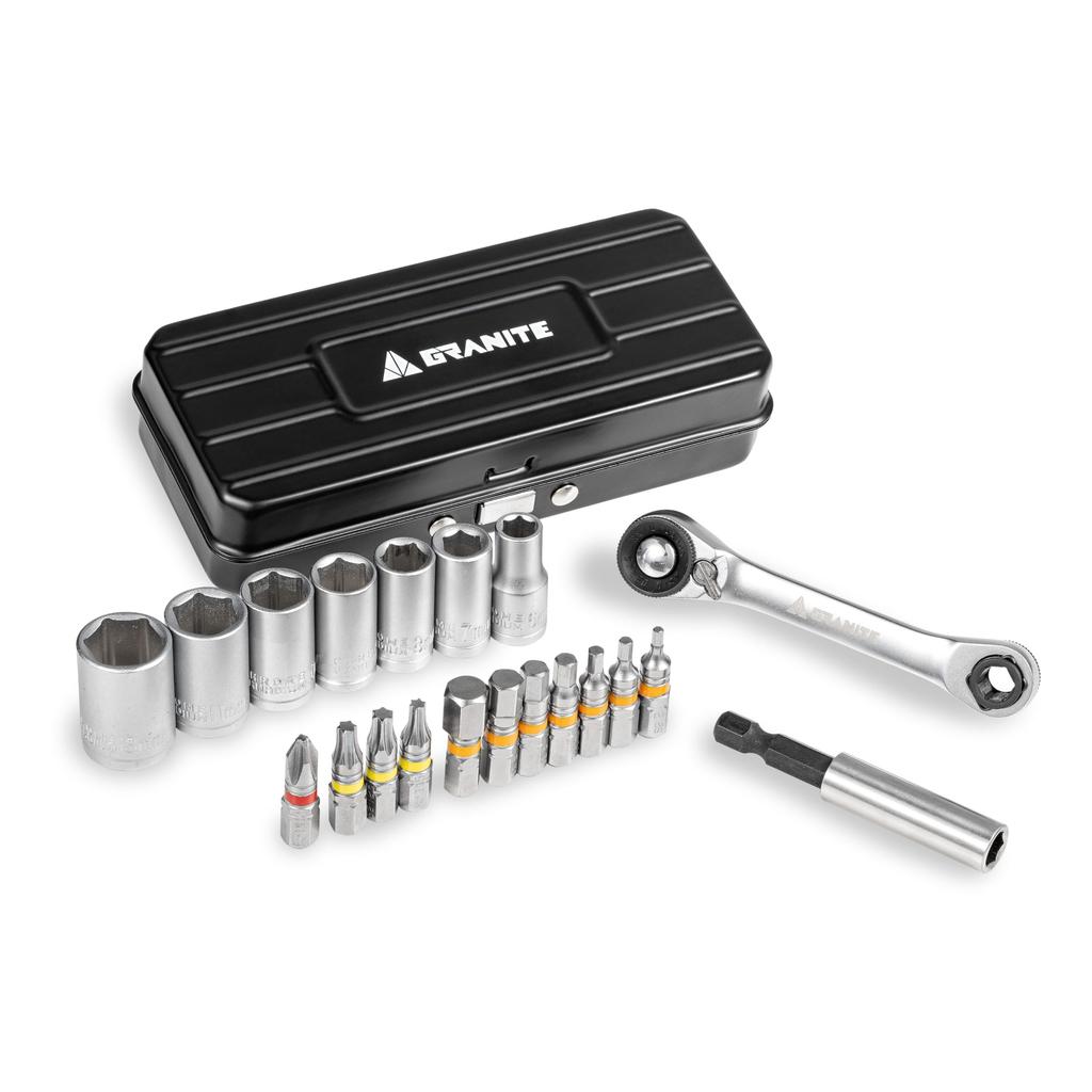 Granite Duet Hex Bit Socket Ratchet Tool Kit Includes Hex Bit and Hex Socket Ratchet Extension 7 Hex and 11 Precision Tool Bits & - Dual-Head Wrench,