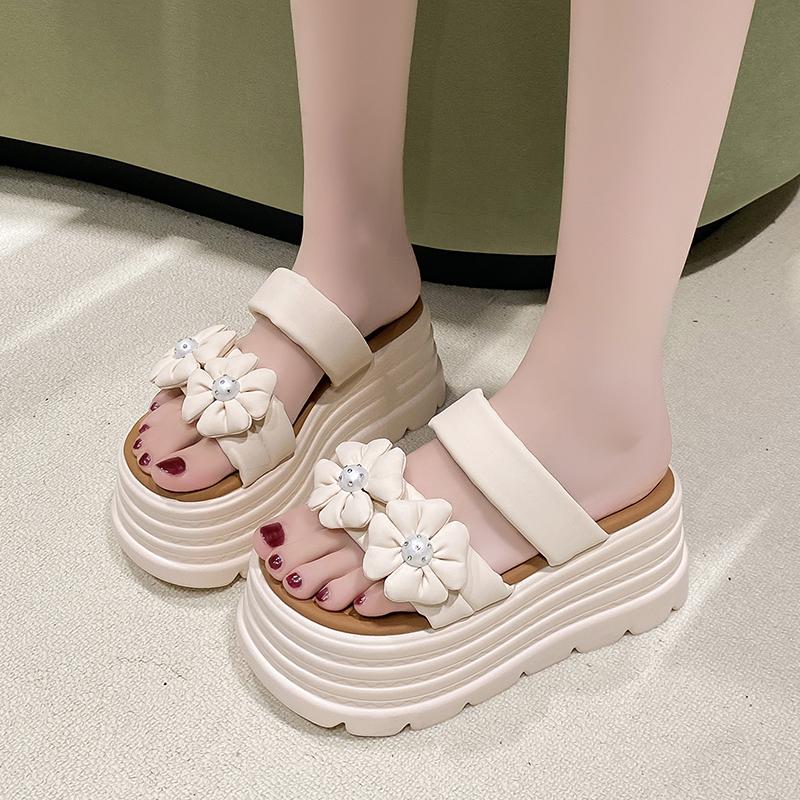 Fashion 8.5CM High Heels Slippers Women 2025 Summer New Thick-Soled Ladies High Platform Flower Beach Sandals Flip Flops Shoes